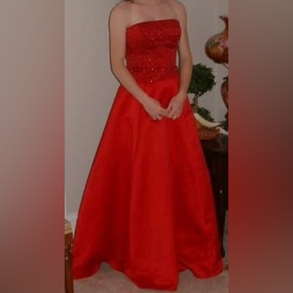 Red Satin Strapless Formal with Beaded Bodice